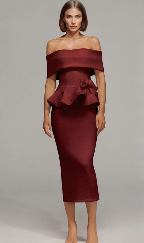 Eleanore Off The Shoulder  Ruffled Edge Red Midi Dress