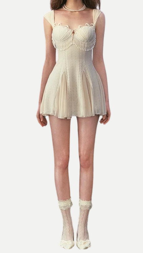 ATALANTA EMBELLISHED FLARED MINI DRESS IN CREAM-WHITE