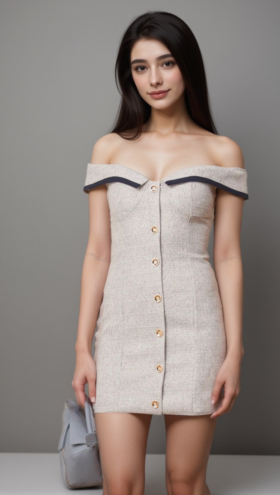 NOÉMIE GREY OFF-SHOULDER A-LINE MINI DRESS