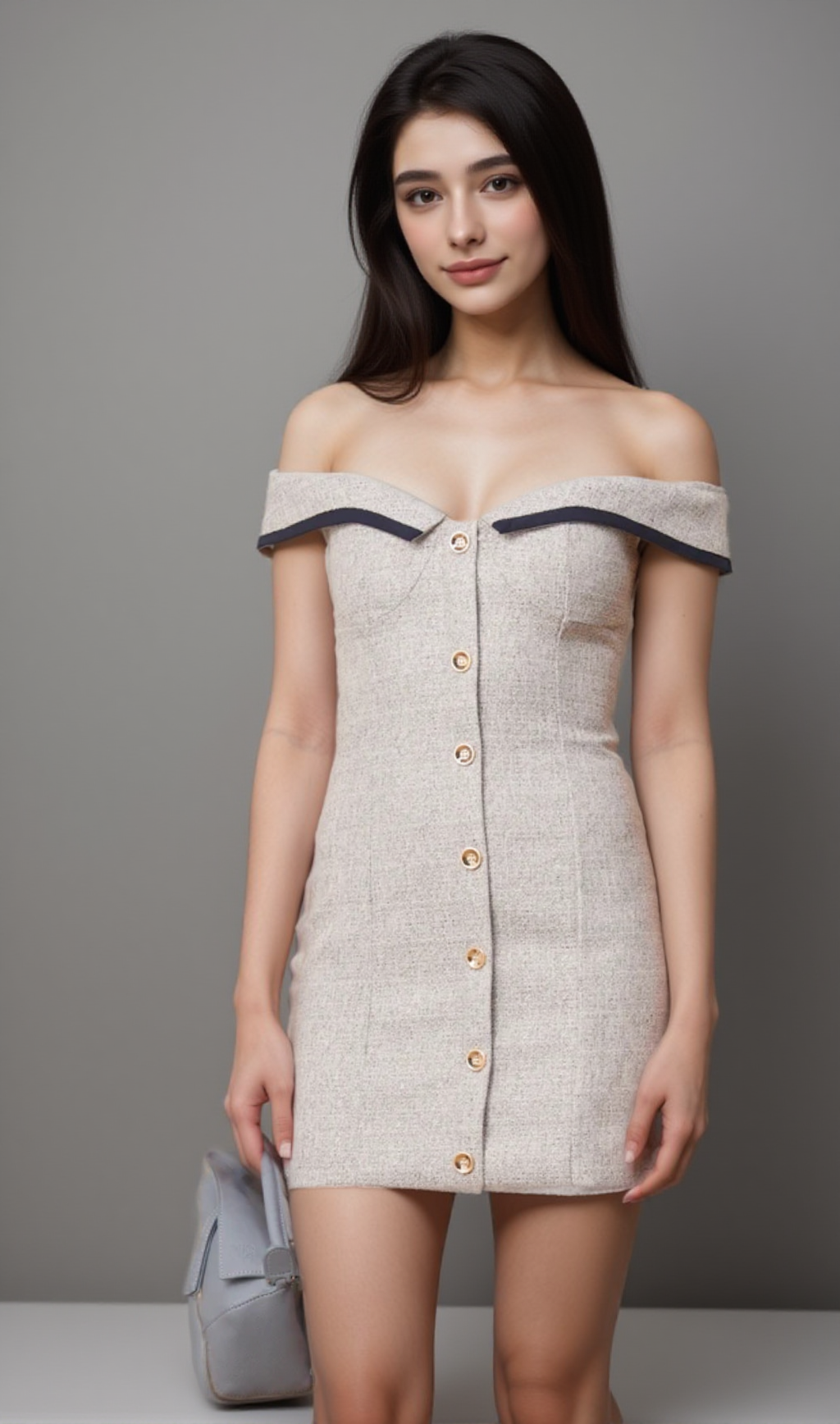 NOÉMIE GREY OFF-SHOULDER A-LINE MINI DRESS