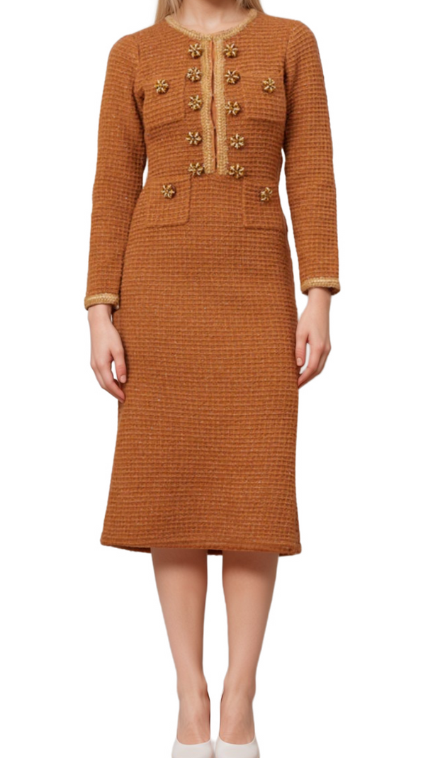 AIIZIE AMELIA BRAIDED-EDGE TWEED MIDI DRESS IN BROWN - product image