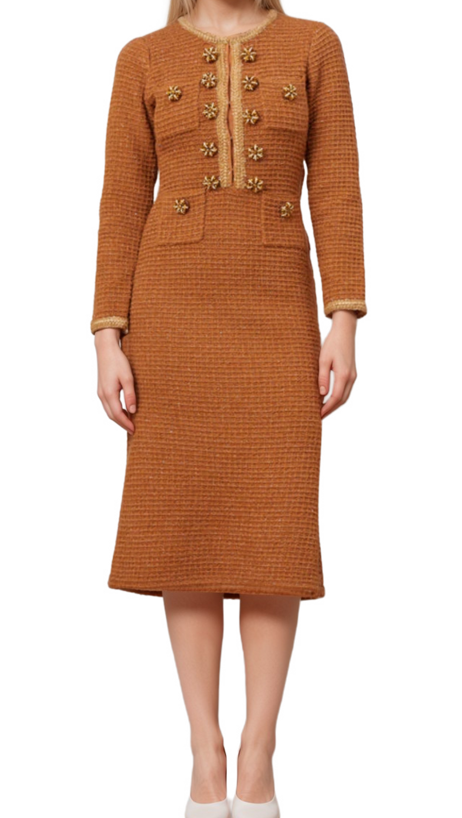 AMELIA BRAIDED-EDGE TWEED MIDI DRESS IN BROWN