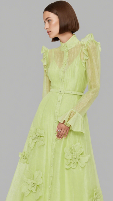 3D FLOWER BUTTERFLY SLEEVE MIDI DRESS - CHARTREUSE