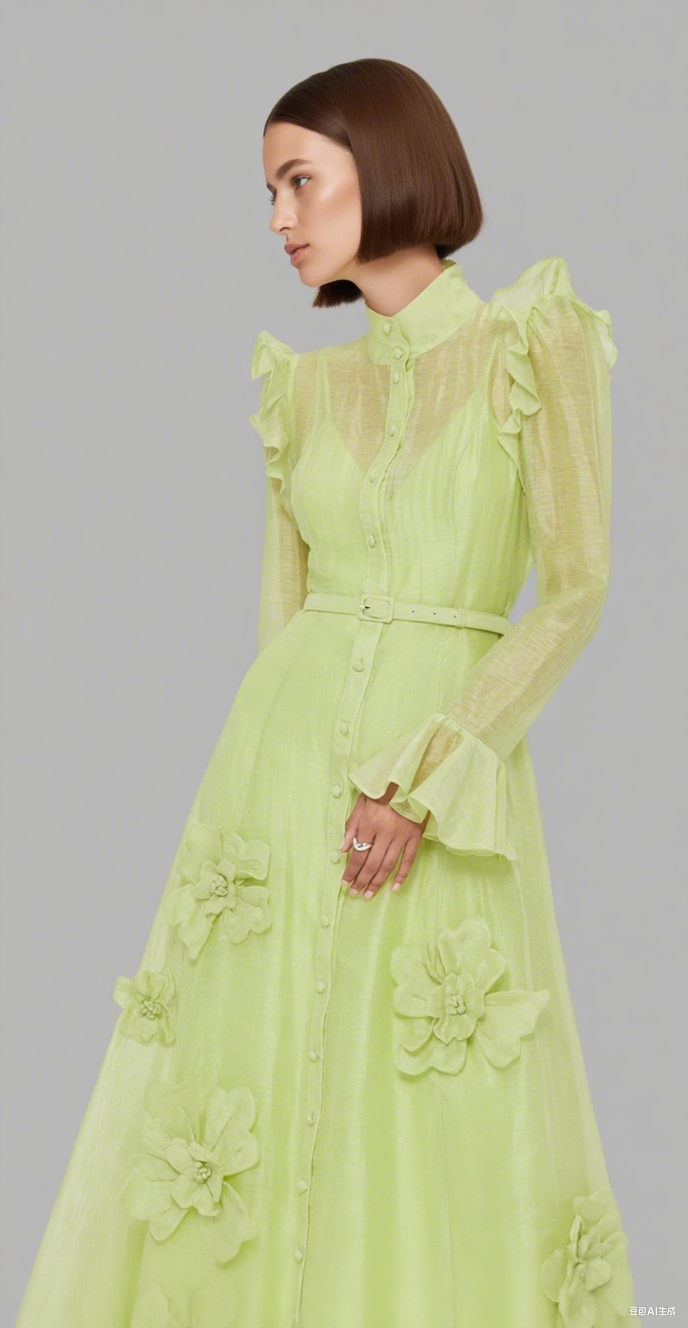 3d flower Butterfly Sleeve Midi Dress - Chartreuse