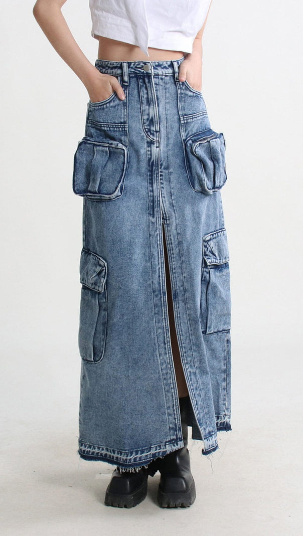 AIIZIE POCKET SPLIT DENIM SKIRT IN BLUE - product image
