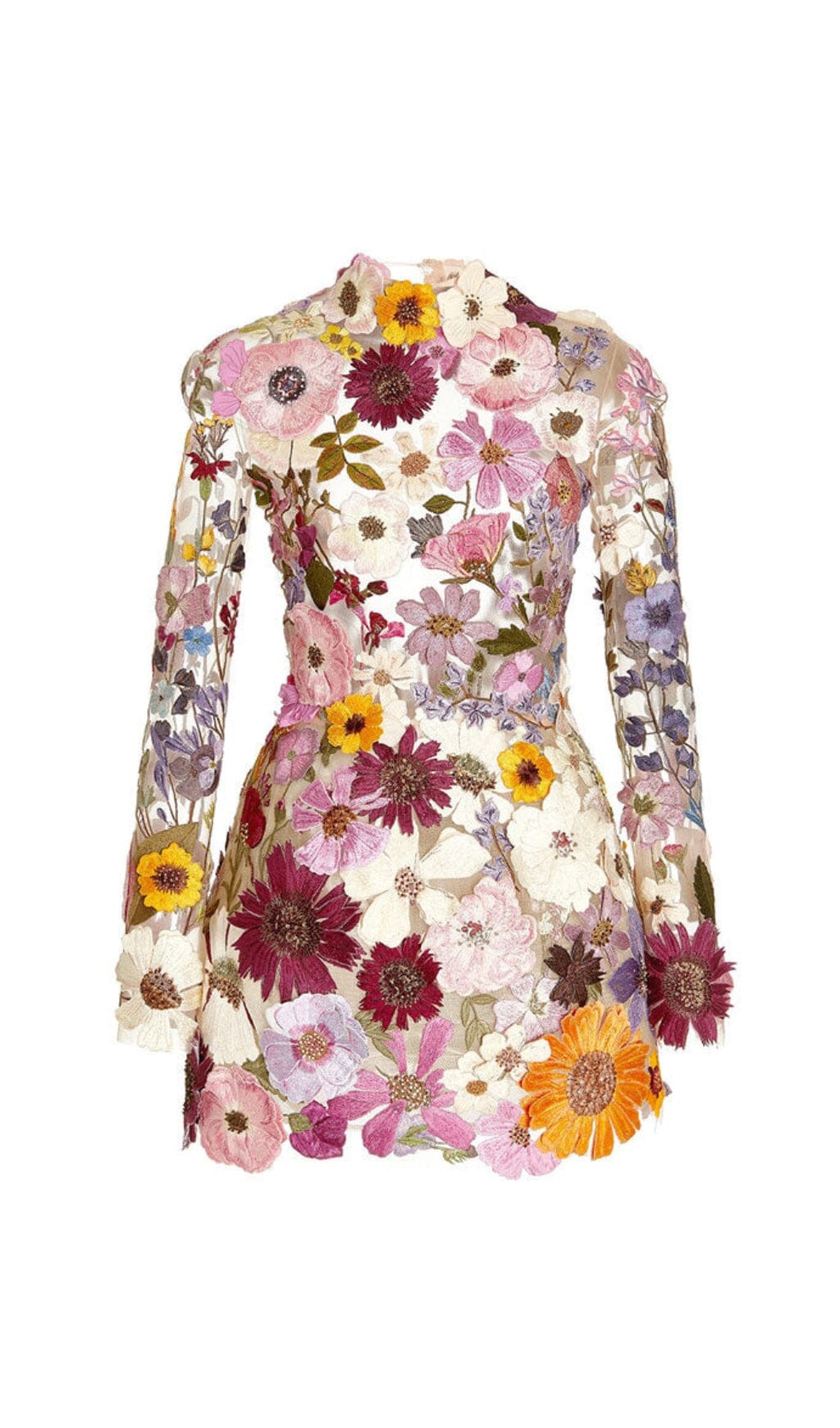EMBROIDERED FLOWER LONG SLEEVE MINI DRESS