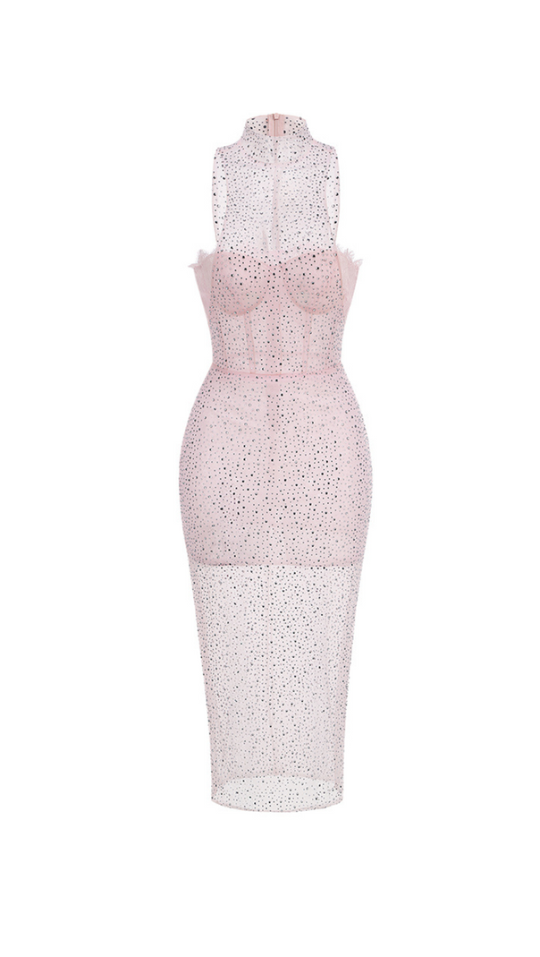 AIIZIE ADORA PINK BRAIDED LEATHER CRYSTAL EMBELLISHMENT MIDI DRESS - product image