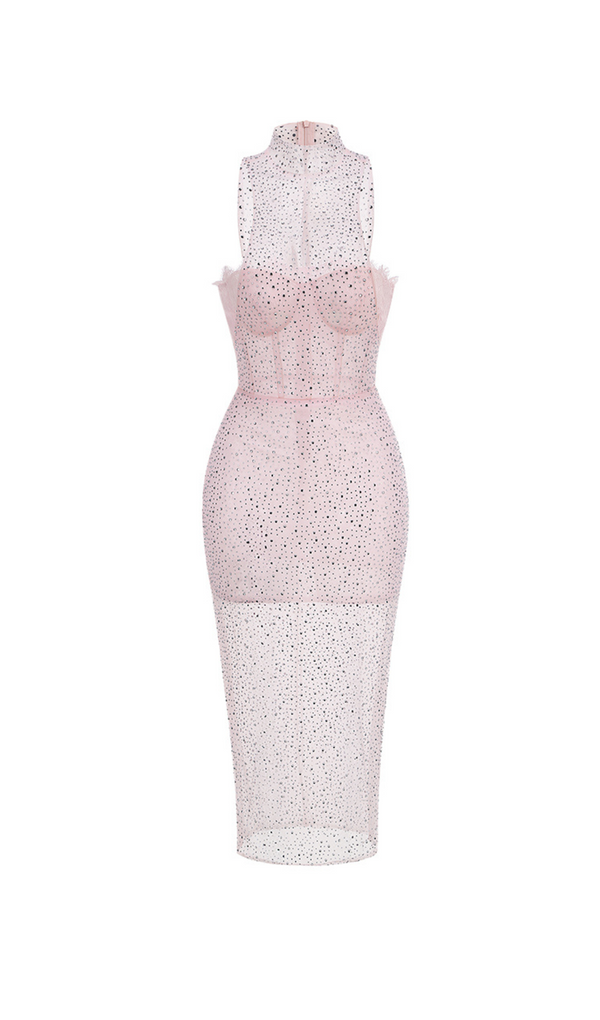 ADORA PINK BRAIDED LEATHER CRYSTAL EMBELLISHMENT MIDI DRESS