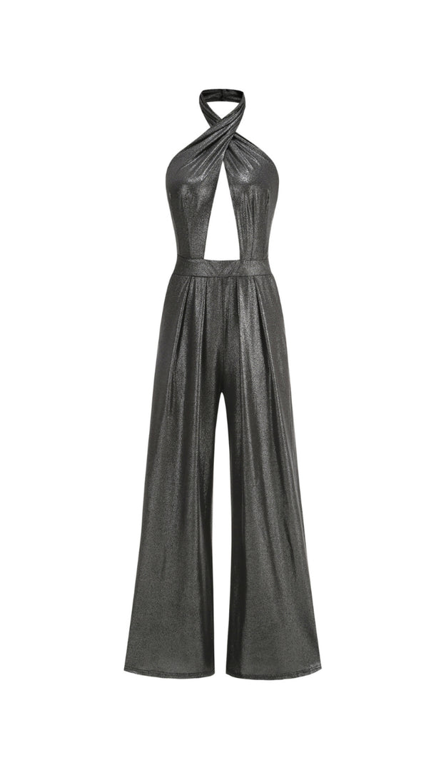 AIIZIE MIRABELLE HALTER JUMPSUIT IN BLACK SILVER - product image