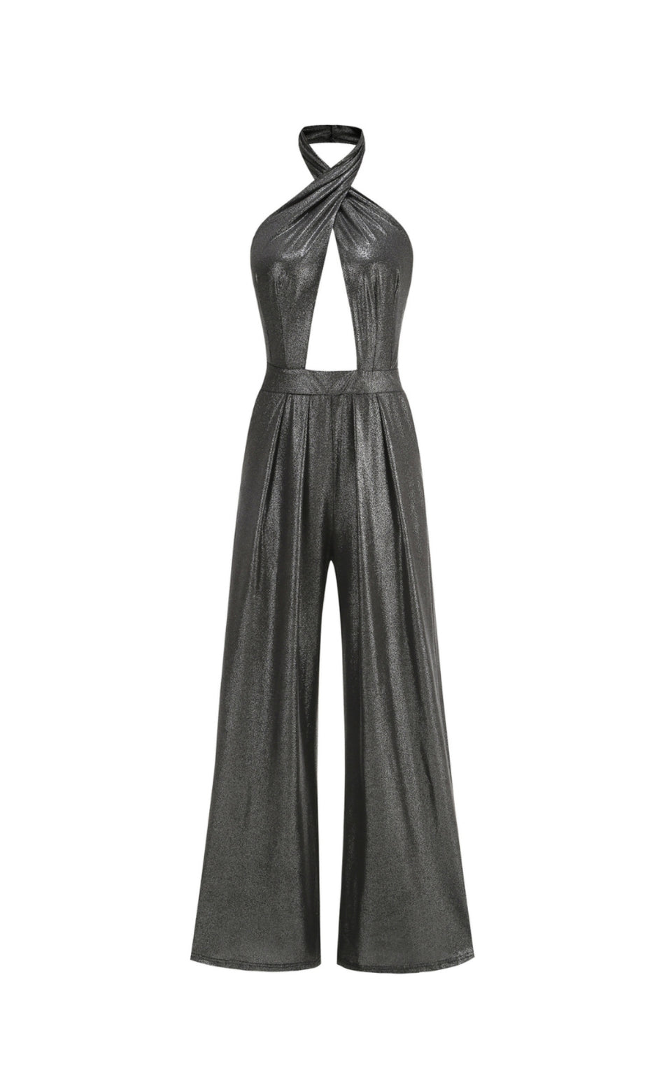 mirabelle halter jumpsuit in black silver