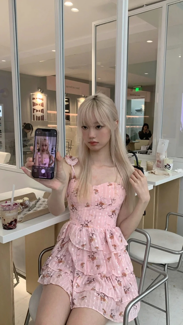 AIIZIE ONE-SHOULDER PRINTED RUFFLE TRIM MINI DRESS IN PINK - product image