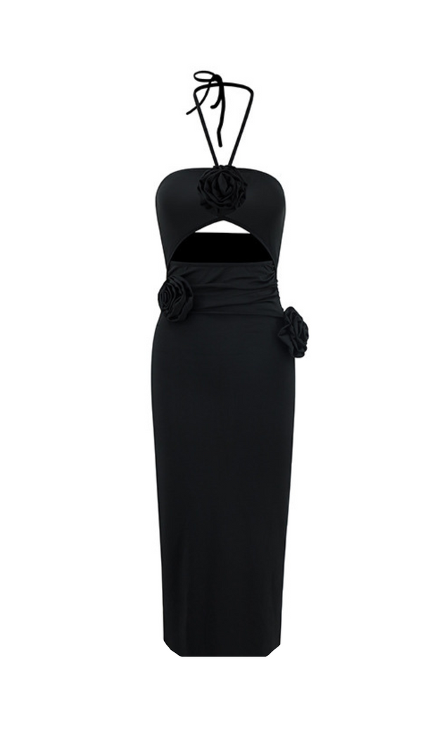 AIIZIE FLOWER HALTER CUT OUT DRESS IN BLACK - product image