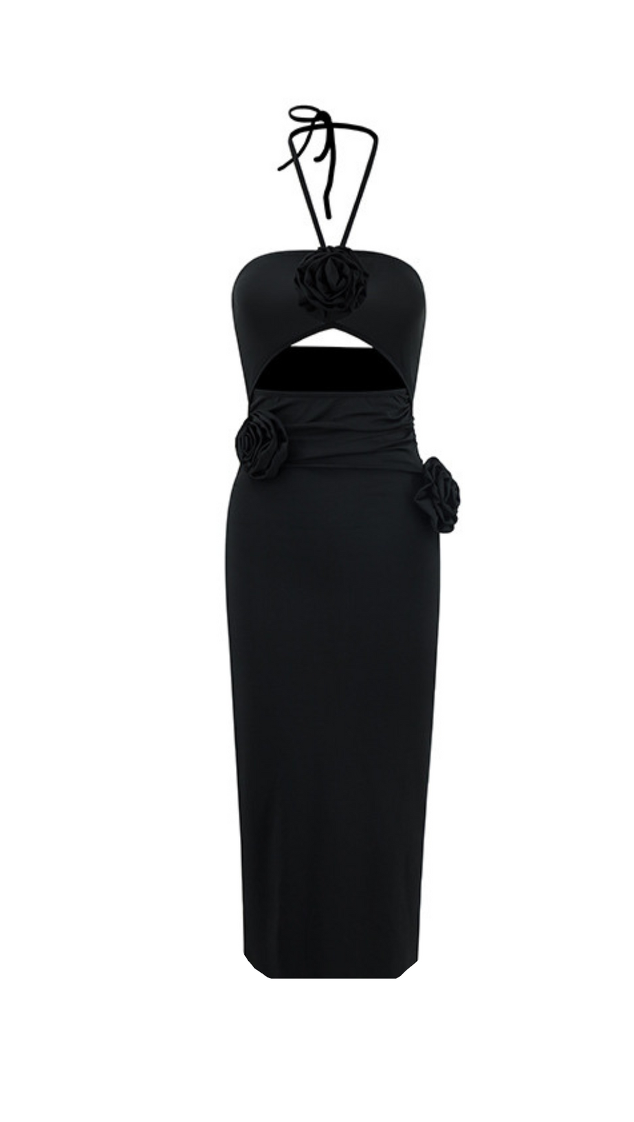FLOWER HALTER CUT OUT DRESS IN BLACK
