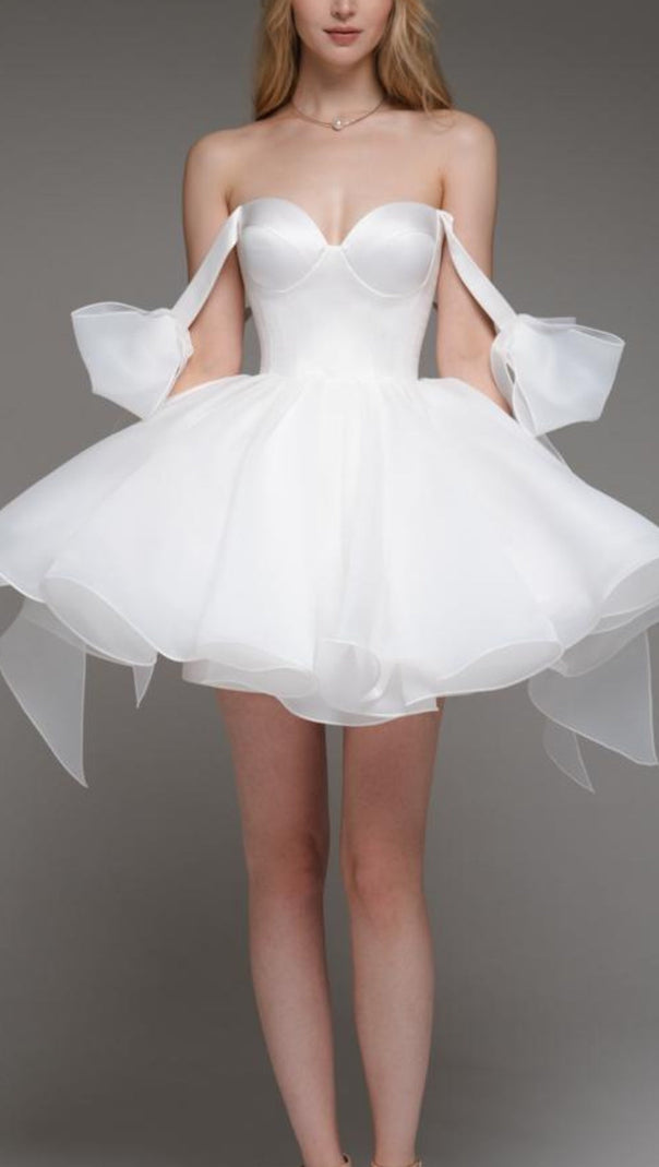 AIIZIE WHITE BOW SHOULDER MINI DRESS - product image