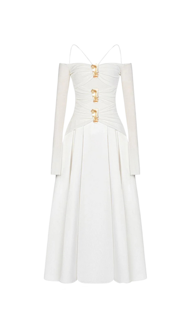 AIIZIE WHITE A-LINE COLD SHOULDER SLEEVED SPANDEX TAFFETA MAXI DRESS - product image