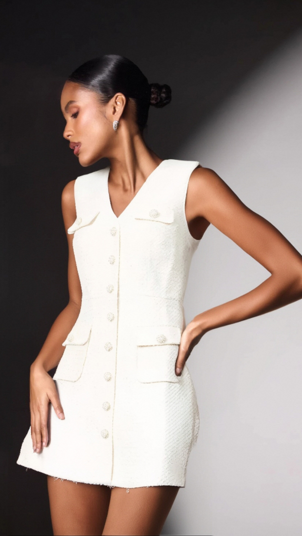 AIIZIE BOUCLÉ PEARL-BUTTONS KNITTED MINI DRESS IN WHITE - product image
