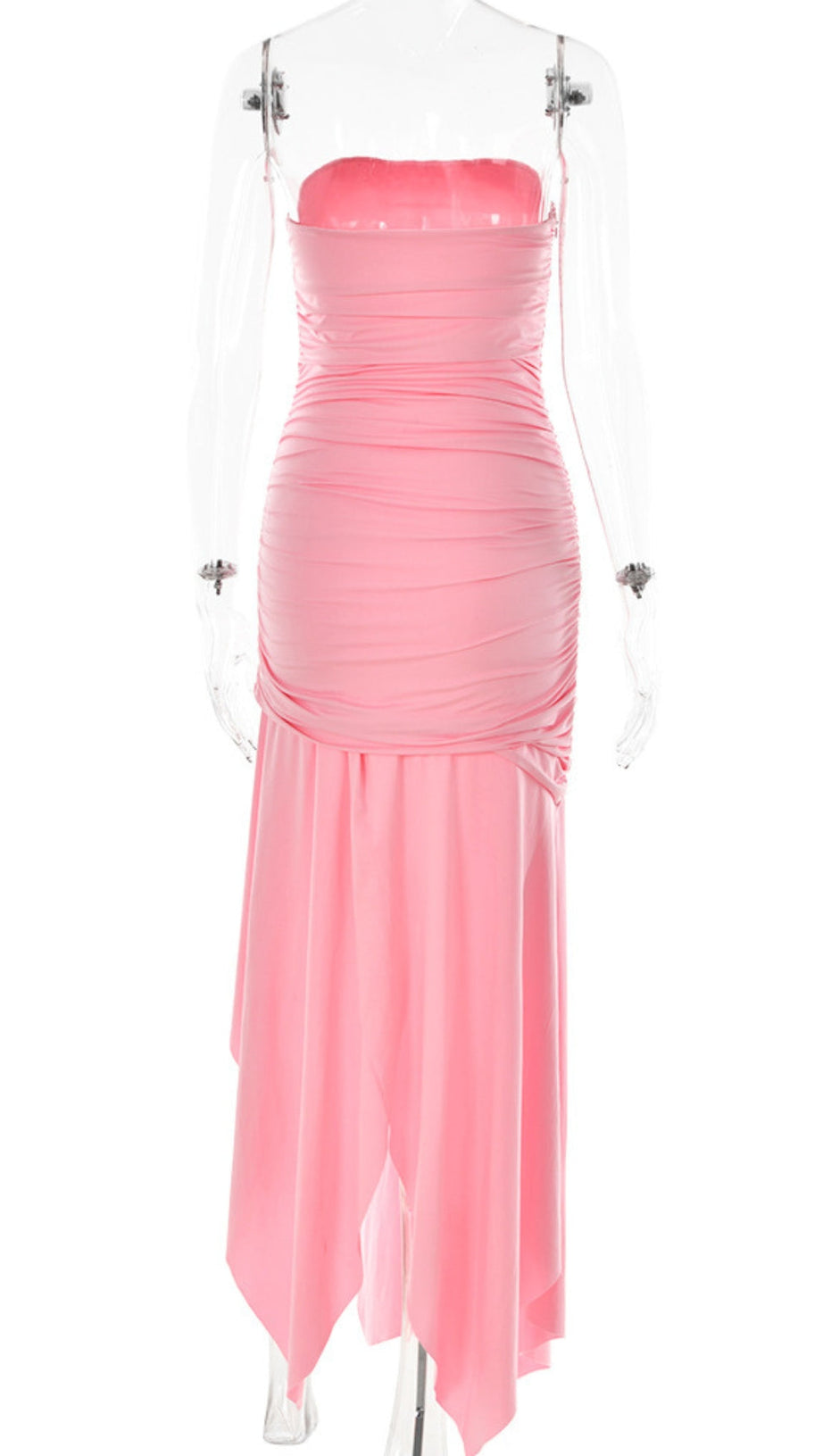 STRAPLESS RUCHED FISHTAIL SLIT DRESS