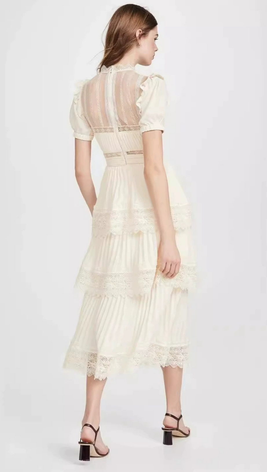 PLEATED LACE MIDI DRESS IN APRICOT