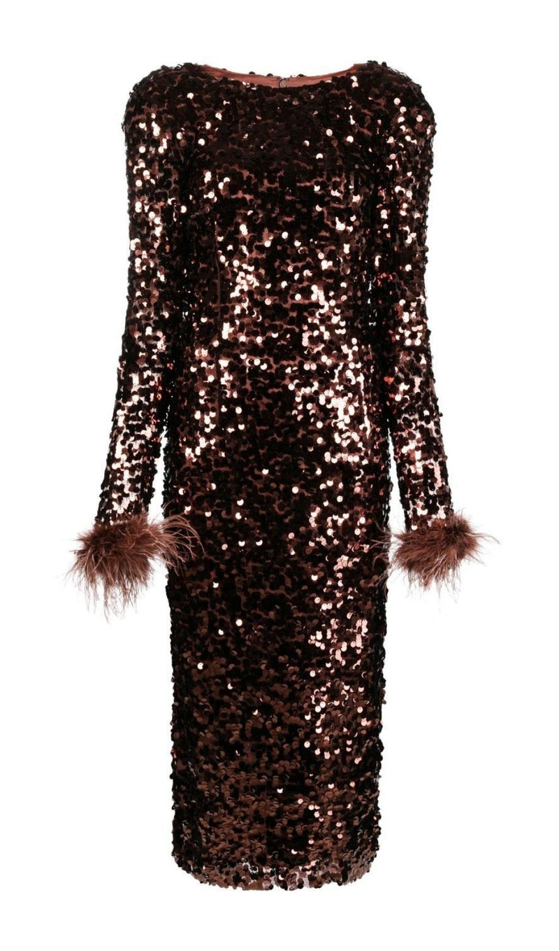 SEQUIN FEATHER LONG SLEEVES MIDI DRESS