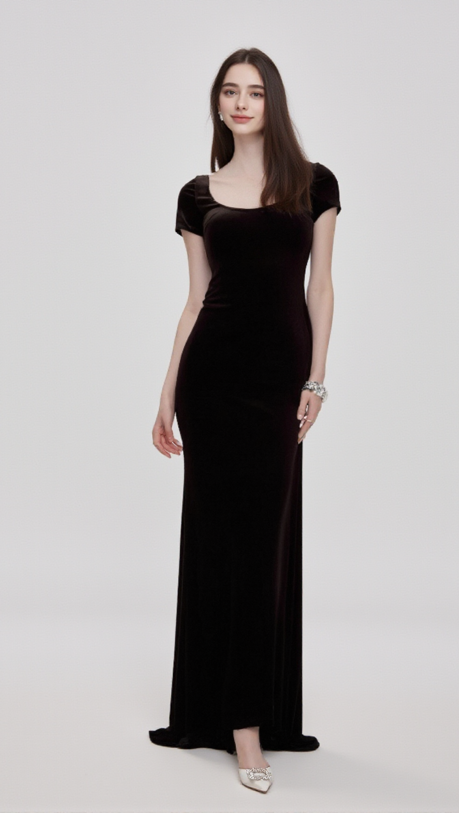 KRISTIN BLACK FAUX-PEARL EMBELLISHED VELVET MAXI DRESS