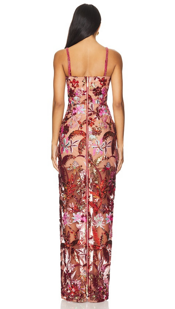AIIZIE CHACHI RED STRAPLESS FLOWER EMBROIDERY MAXI DRESS - product image