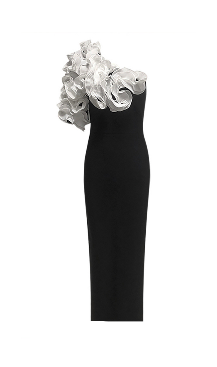 trägerloses schwarzes Midikleid mit weißen Blumen
