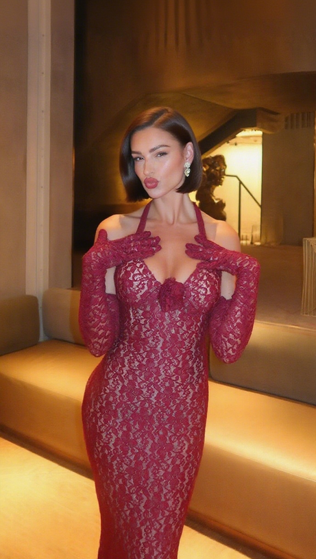 EARTHA HALTER FLORAL LACE MAXI DRESS IN BURGUNDY