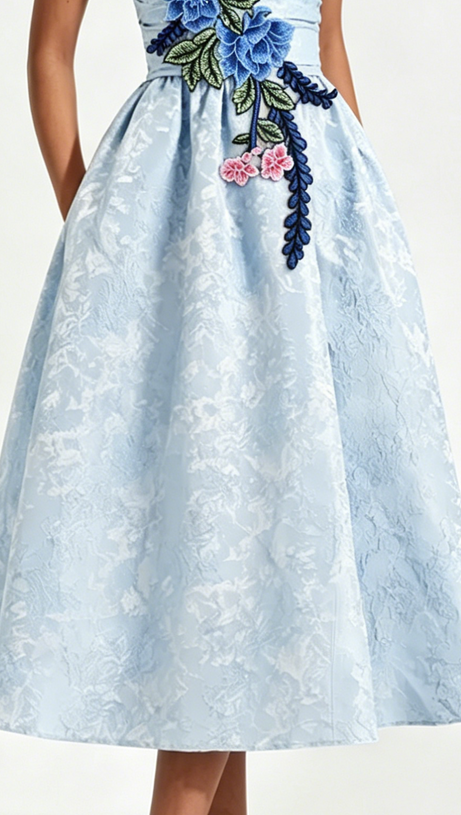 Flower Embroidery Saoirse Midi Dress - Blue