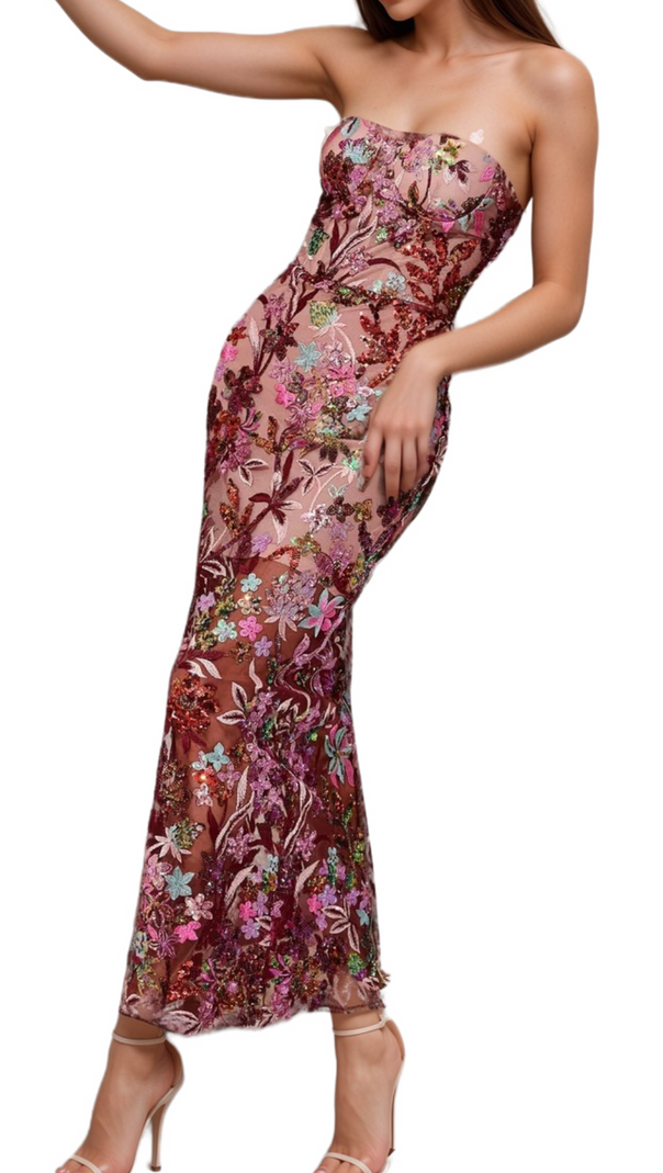 AIIZIE ARABELA CHACHI RED STRAPLESS FLOWER EMBROIDERY MAXI DRESS - product image