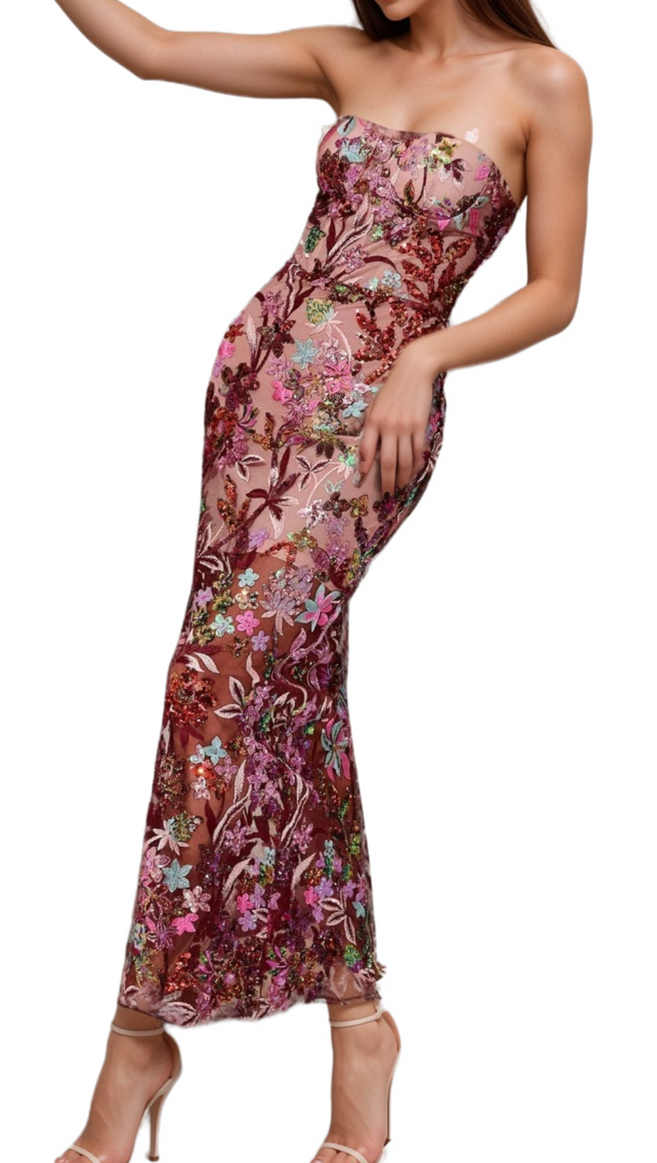 ARABELA CHACHI RED STRAPLESS FLOWER EMBROIDERY MAXI DRESS