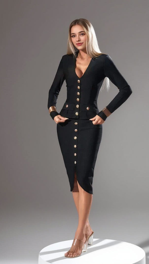 AIIZIE LONG SLEEVE SINGLE BREASTED BANDAGE SET IN BLACK - product image