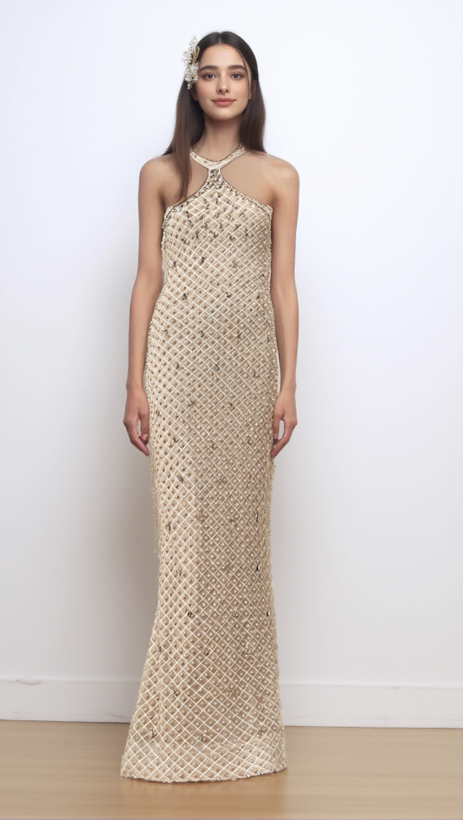 CLAUDINE WHITE EMBELLISHED HALTERNECK MAXI DRESS