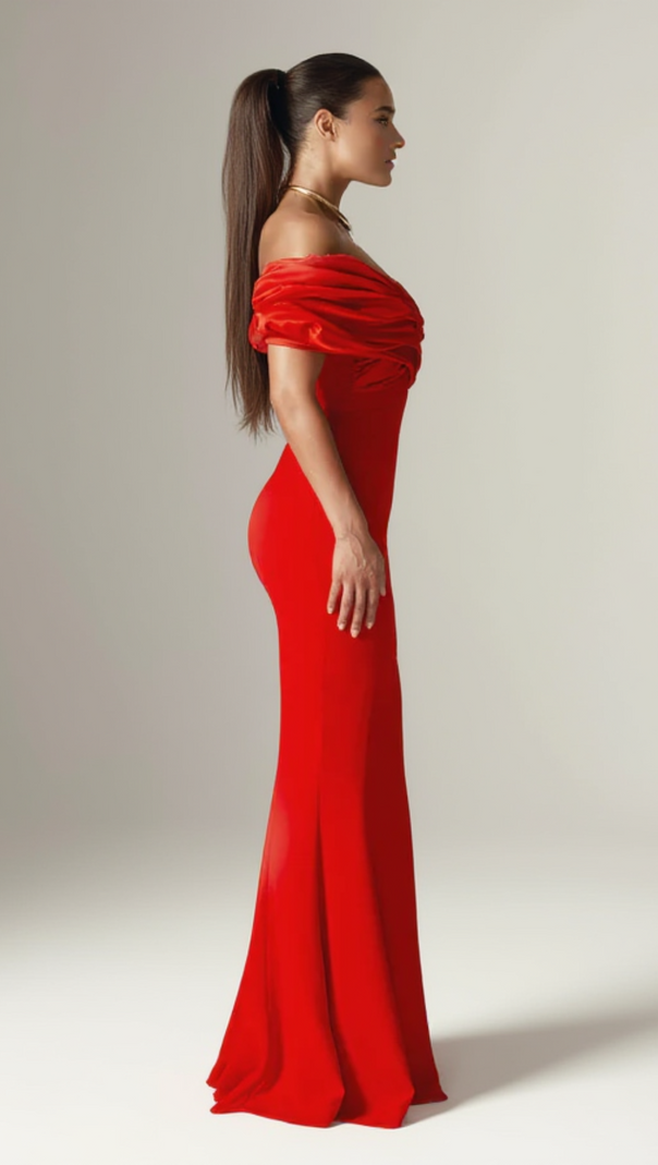 AIIZIE SOPHIA OFF SHOULDER RUCHED MAXI SLIT DRESS IN RED - product image