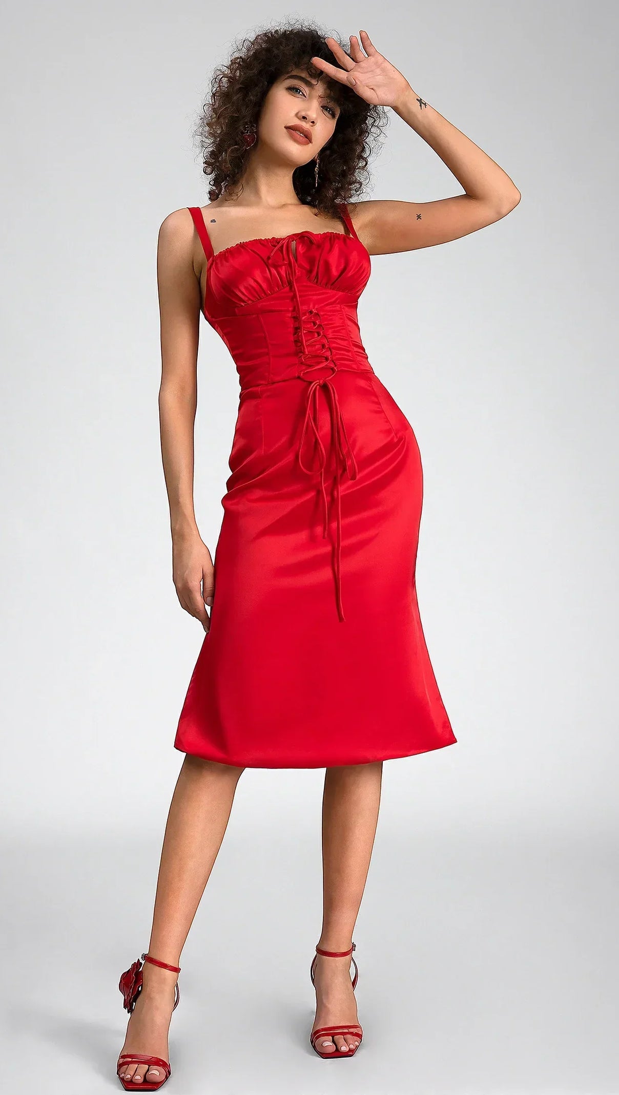AIIZIE DESYRE DRAWSTRING SATIN STRAP MIDI DRESS - product image