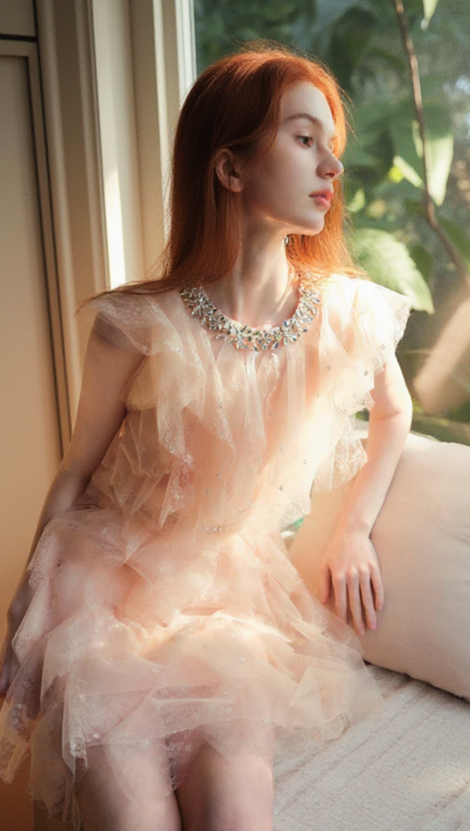 CRYSTAL EMBELLISHED RUFFLE MINI DRESS IN PALE PINK