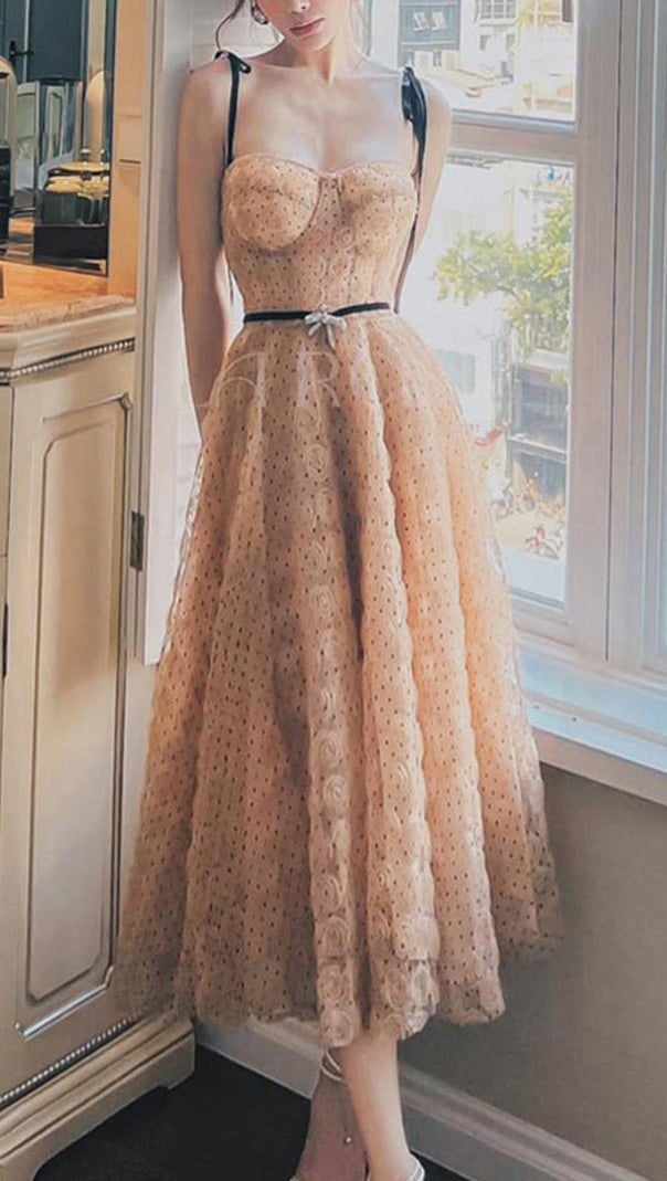 AIIZIE FLOWER MESH DOT MIDI DRESS IN PALE ORANGE - product image