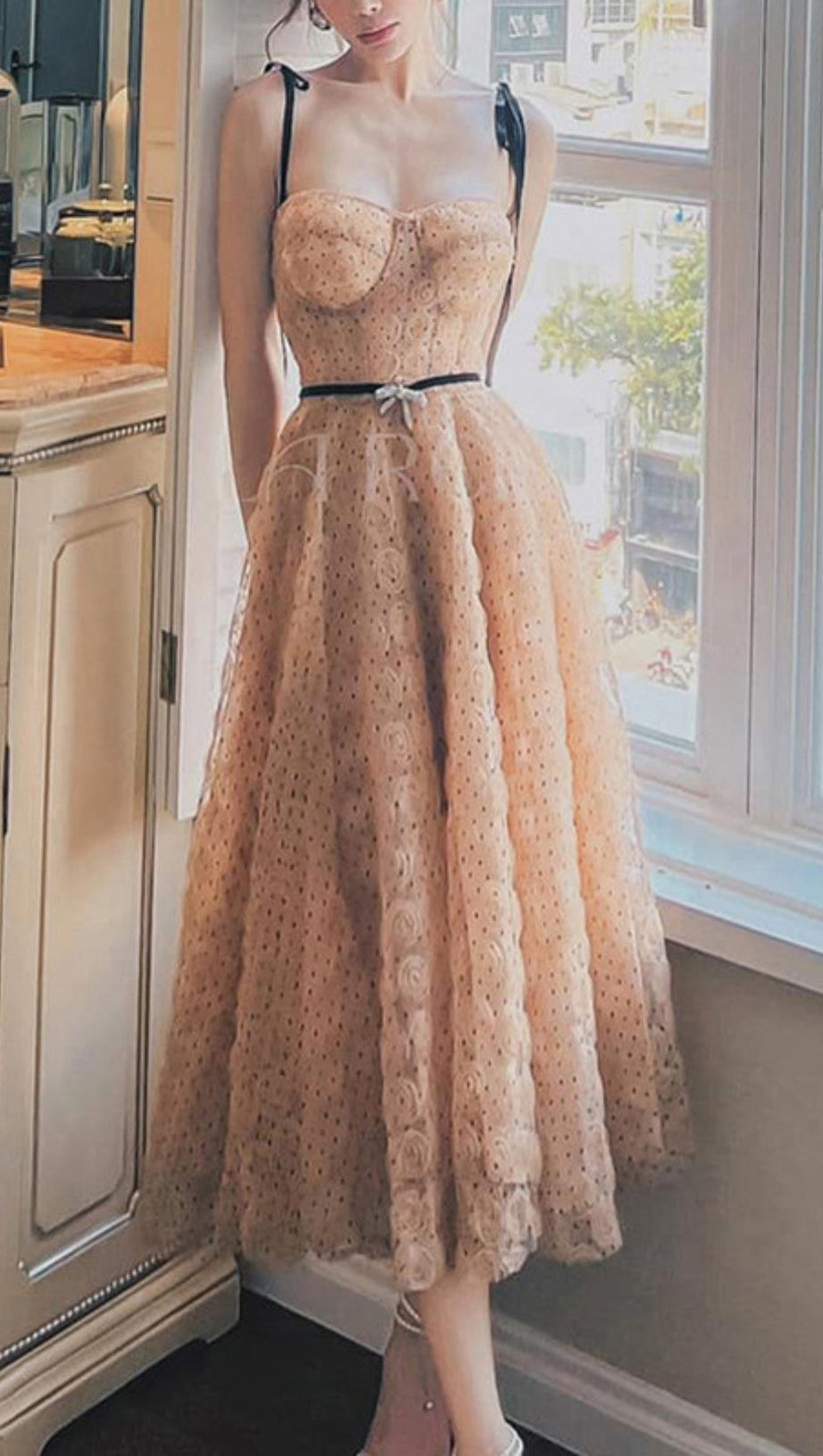 FLOWER MESH DOT MIDI DRESS IN PALE ORANGE