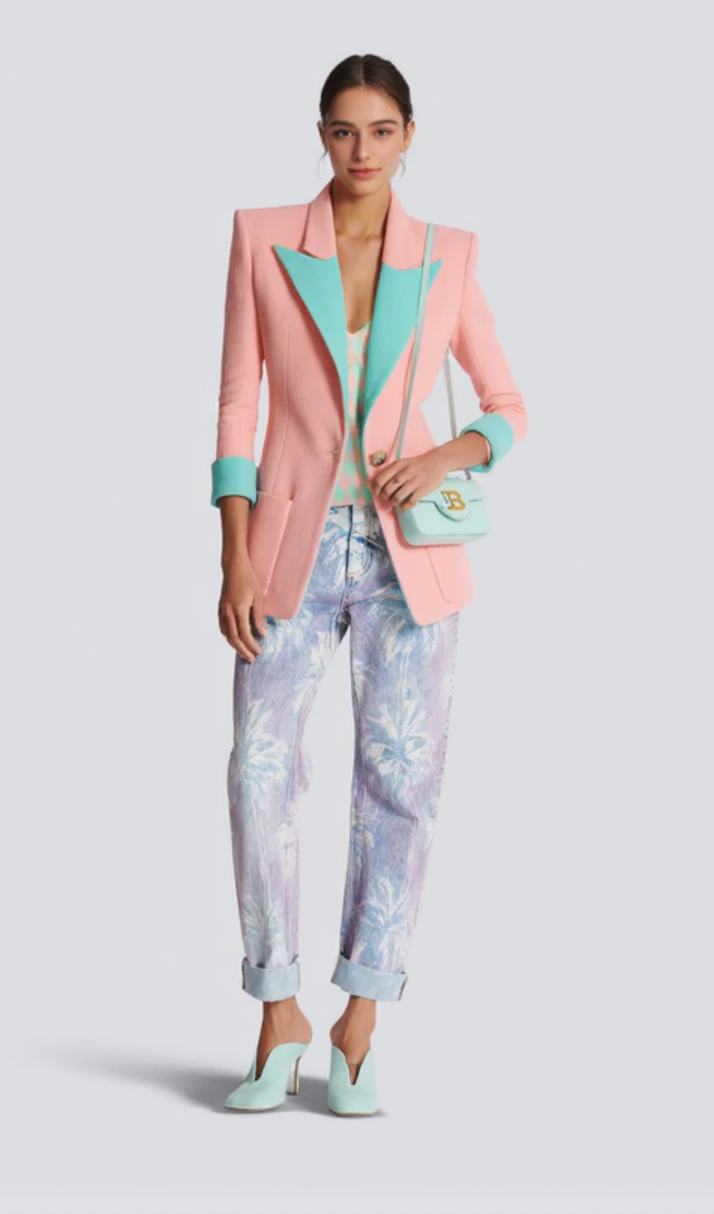 1-button double crepe two-tone jacket