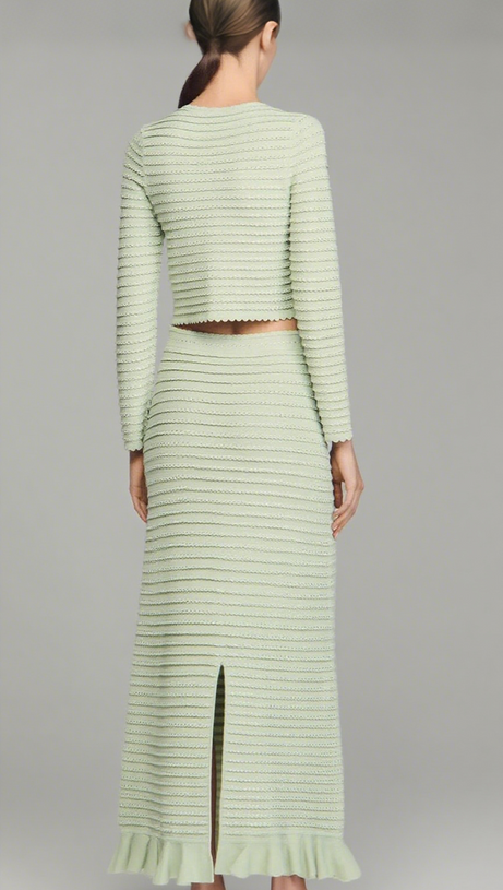 RHINESTONE KNIT MAXI SKIRT IN ALMOND GREEN