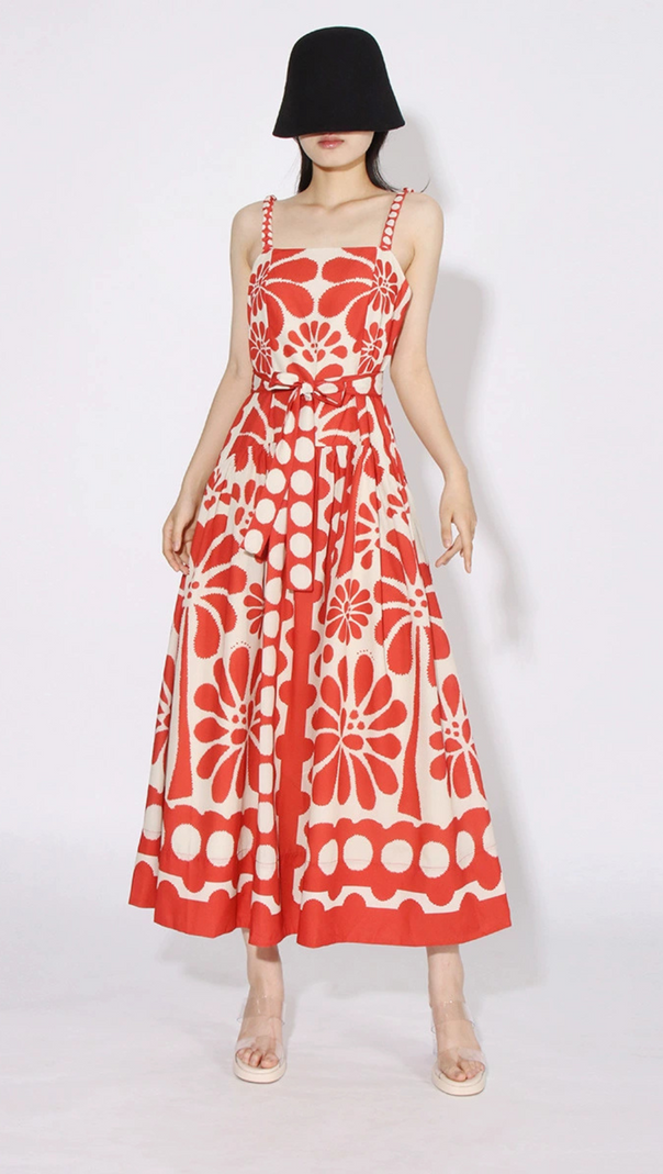 AIIZIE STRAP PRINTED MIDI DRESS IN RED - product image