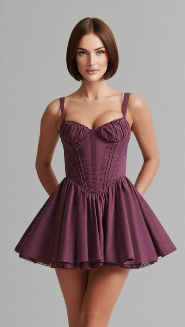 Korsett-Minikleid mit Spitzenrüschenbesatz in Lila