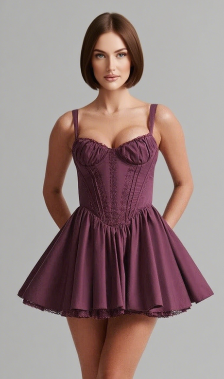 lace ruffle trim corset mini dress in purple