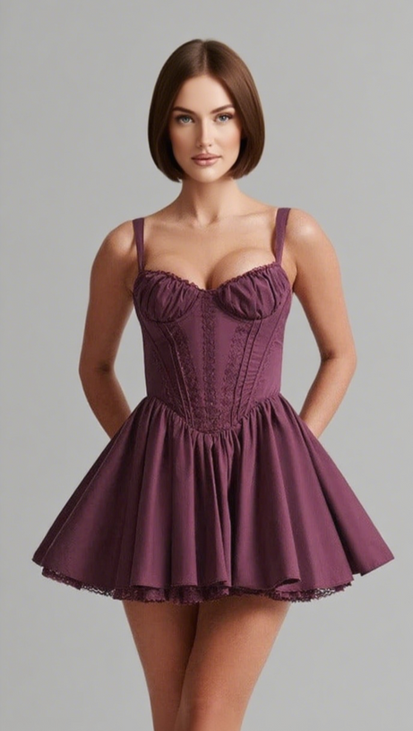 LACE RUFFLE TRIM CORSET MINI DRESS IN PURPLE