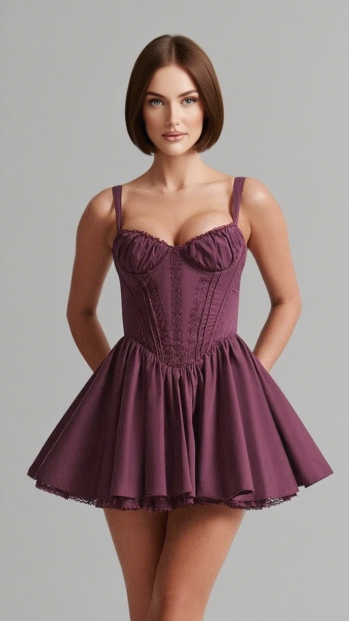 LACE RUFFLE TRIM CORSET MINI DRESS IN PURPLE