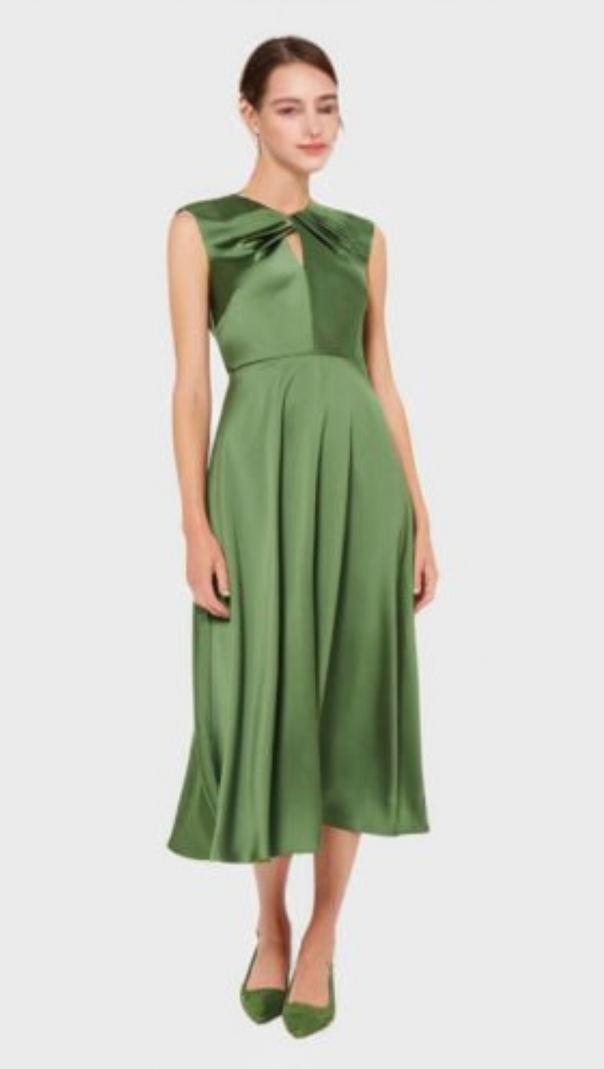 AIIZIE TWIST NECK SATIN MIDI DRESS IN GREEN - product image