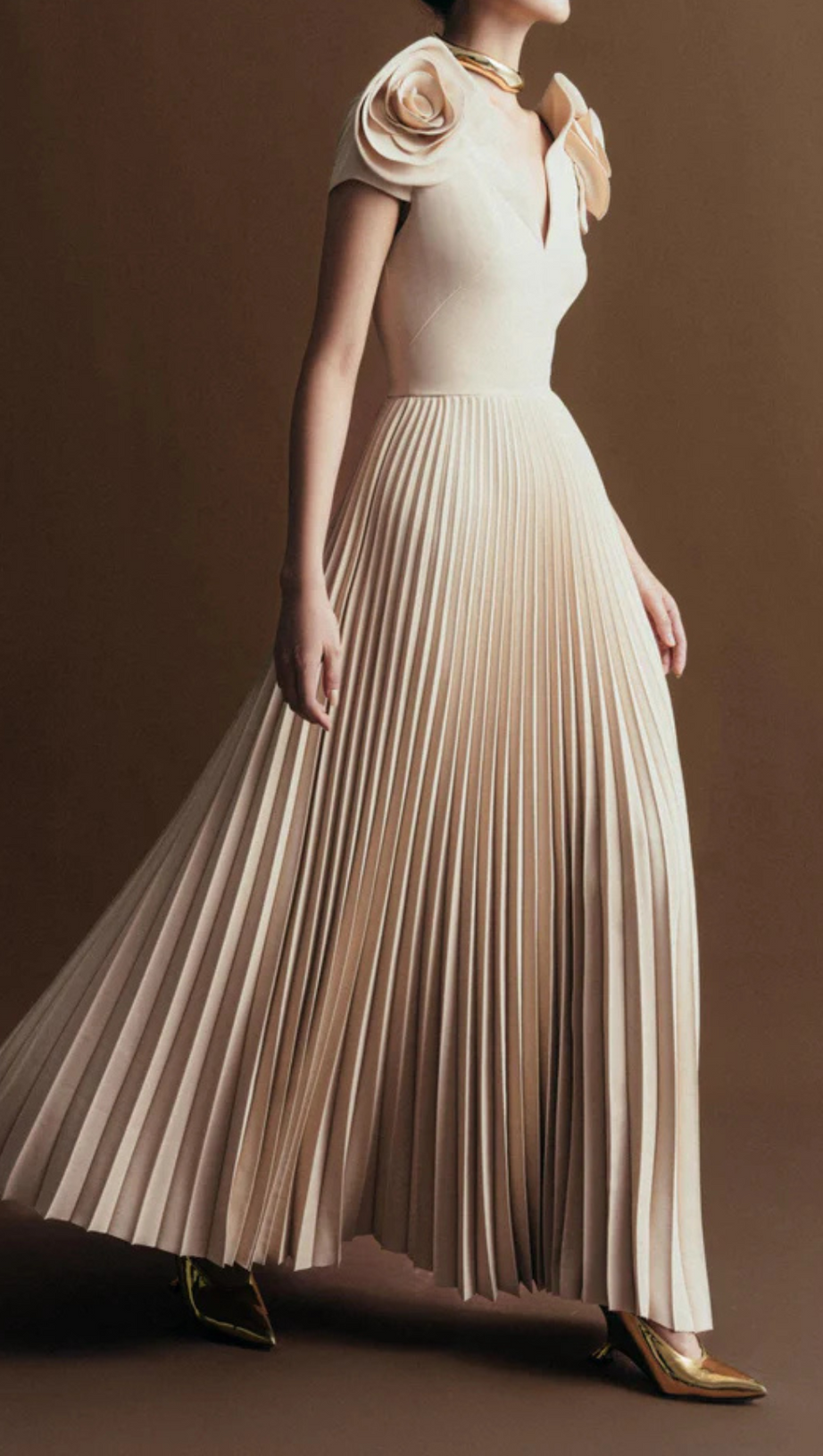 RHAPSODY FLORAL EMBELLISHED PLEATED MIDI DRESS