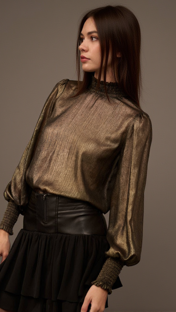 AIIZIE GOLDEN AGE METALLIC BISHOP-SLEEVE MOCK NECK TOP - product image