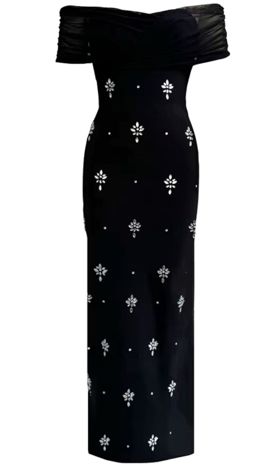 Drapiertes Bardot-Maxikleid mit Kristallen in Schwarz