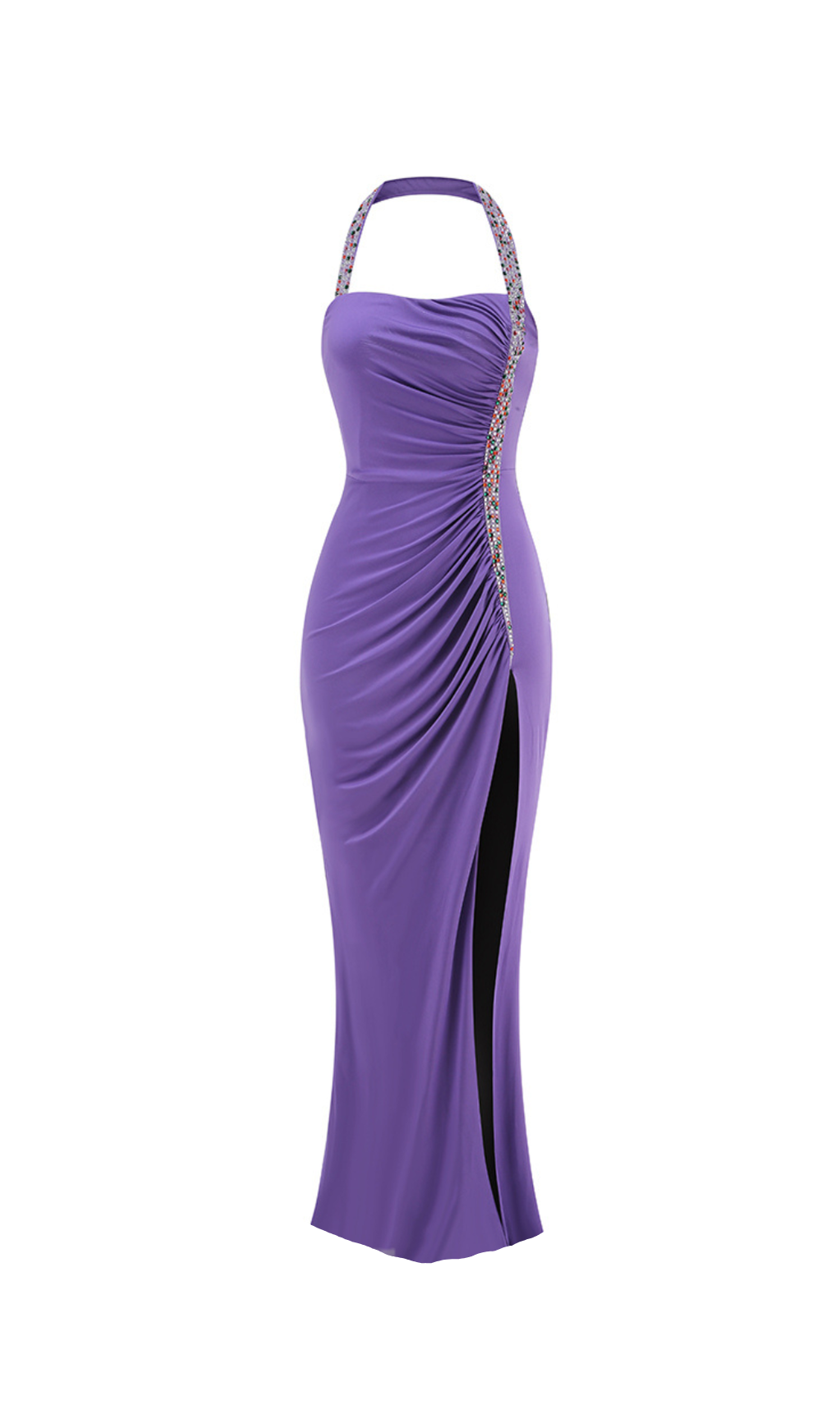 MULTICOLOR-PEARL EMBELLISHED PURPLE HALTER MAXI DRESS