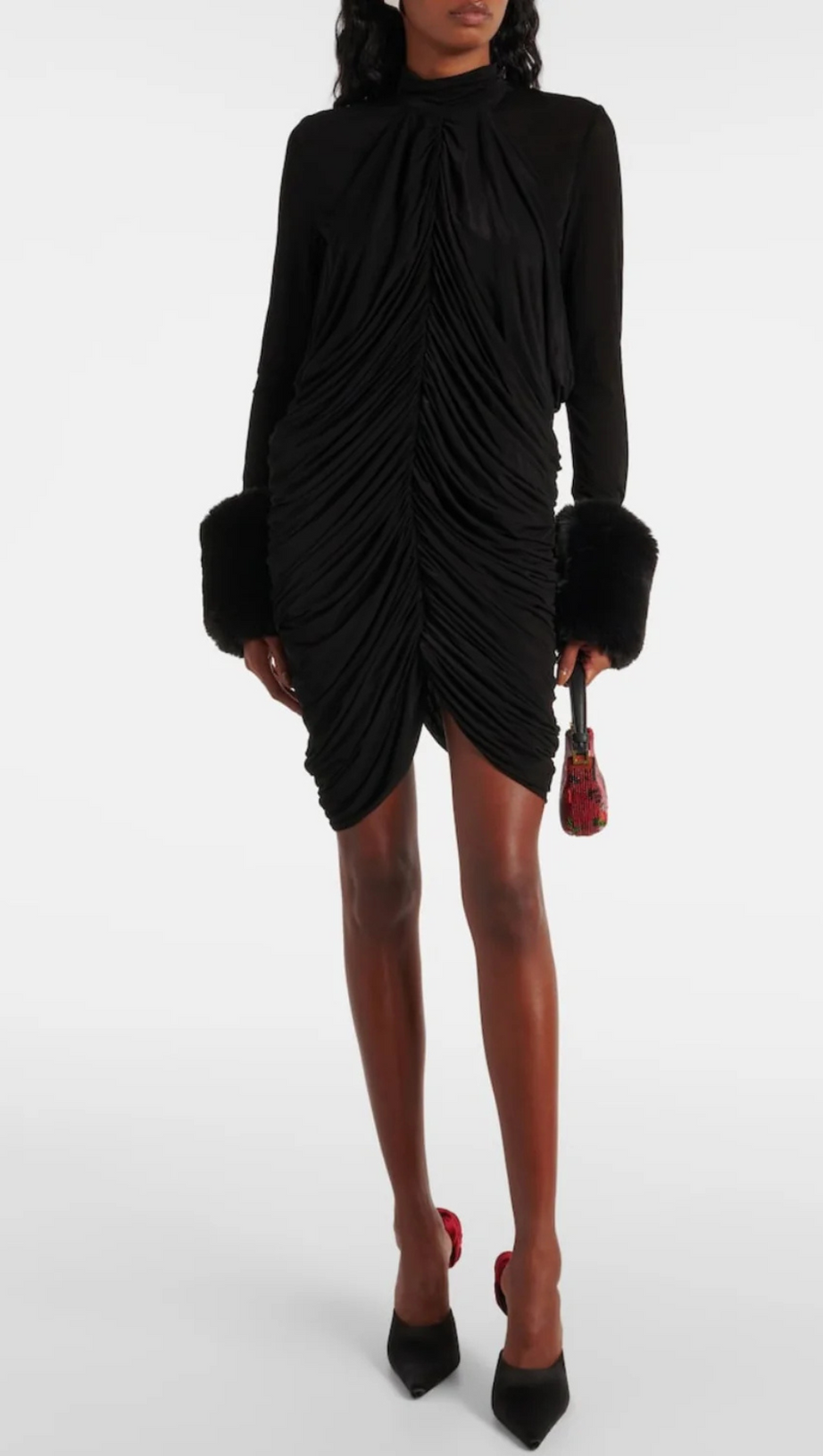 VEVIDA RUCHED MESH FAUX FUR MINI DRESS IN BLACK